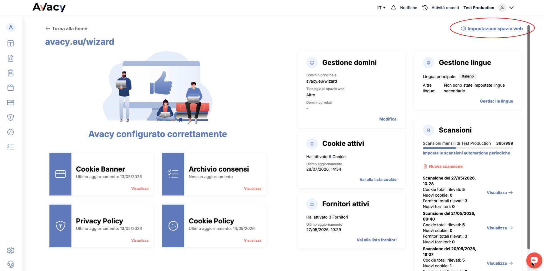 "Web space settings" button in the web space dashboard