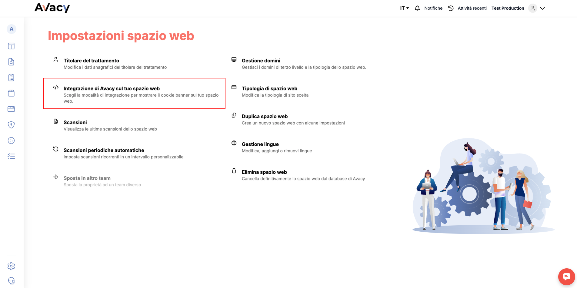 "Avacy integration on your web space" entry in the web space settings