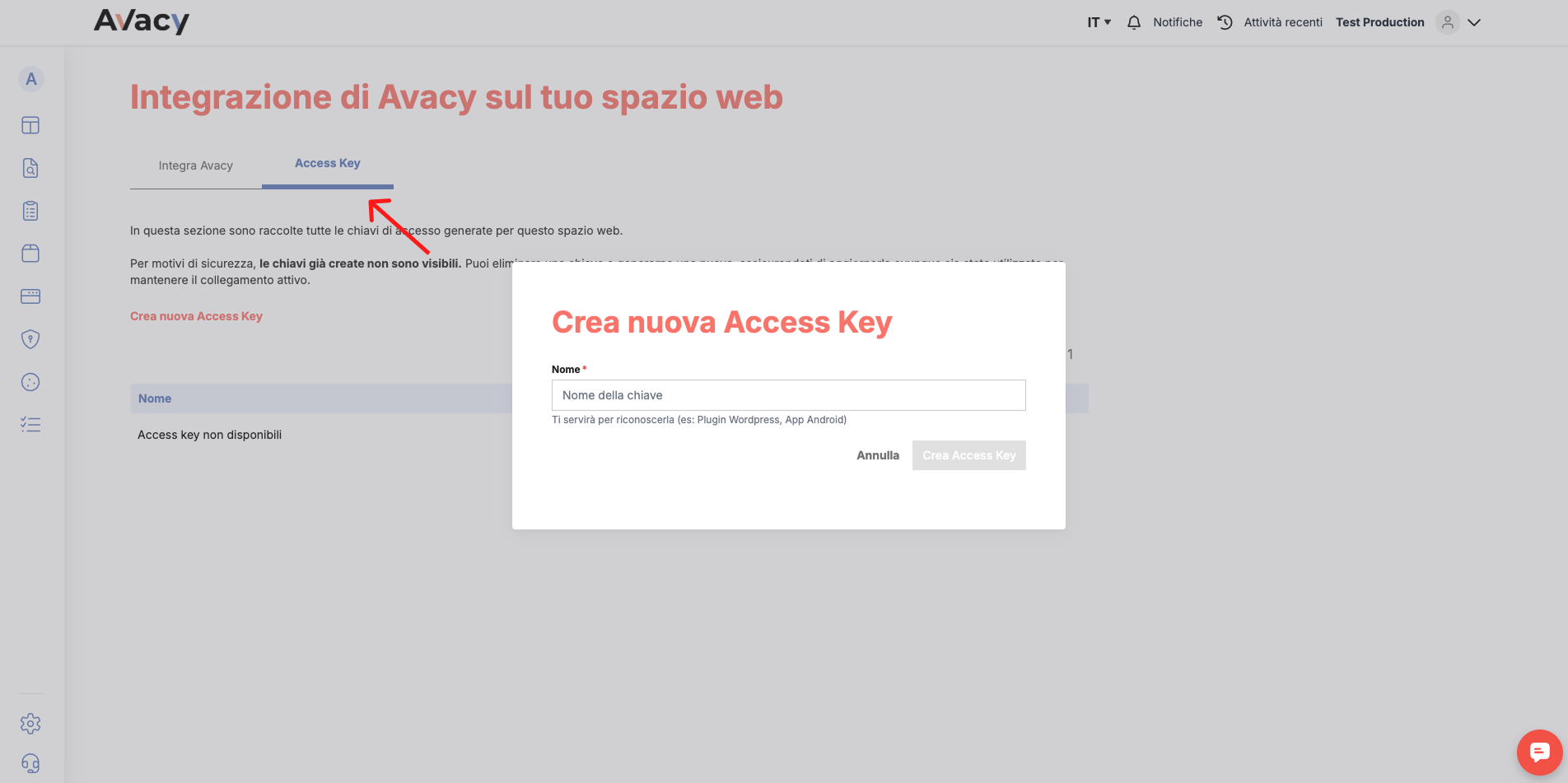 "Access Key" tab with the new key creation modal